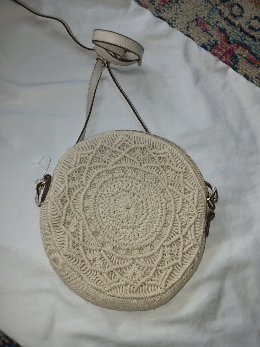 Accessorize Beige Round Crochet Crossbody Bag Small Zip Closure Lined